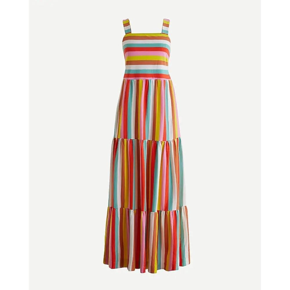 J Crew Rainbow Stripe Tiered Cotton Maxi Dress